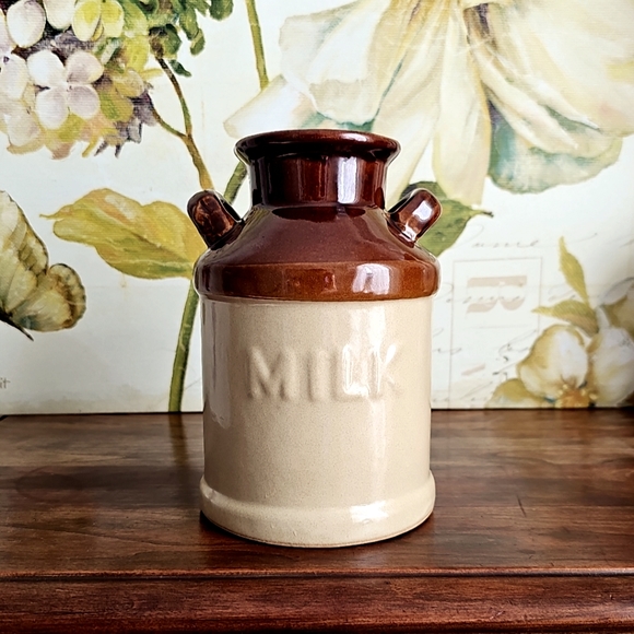 Unique Vintage Ceramic Milk Jug Crock w/ Handles 7" x 5" Glazed Ceramic Can - Picture 1 of 13